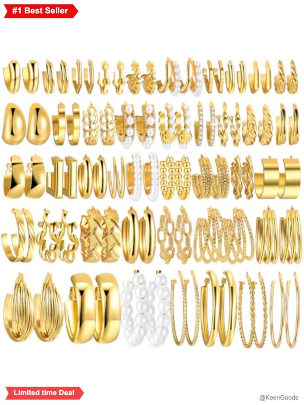 42 Pair Gold Hoop Earring Set Hypoallergenic Lightweight Women